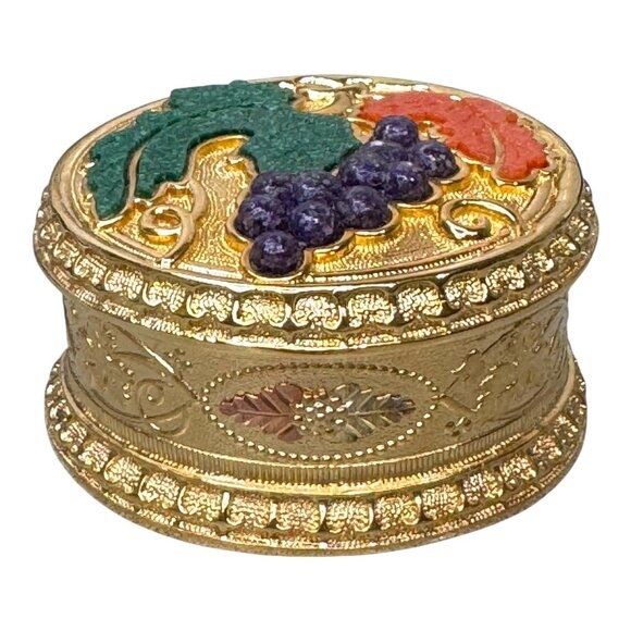 Black Hills Gold RARE Round Trinket Box No 4 Grapes Leaves Inlaid Gemstone Vtg - Picture 3 of 7